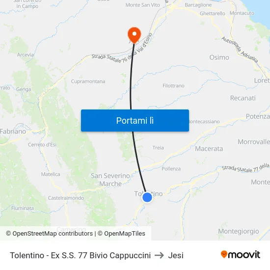 Tolentino - Ex S.S. 77 Bivio Cappuccini to Jesi map