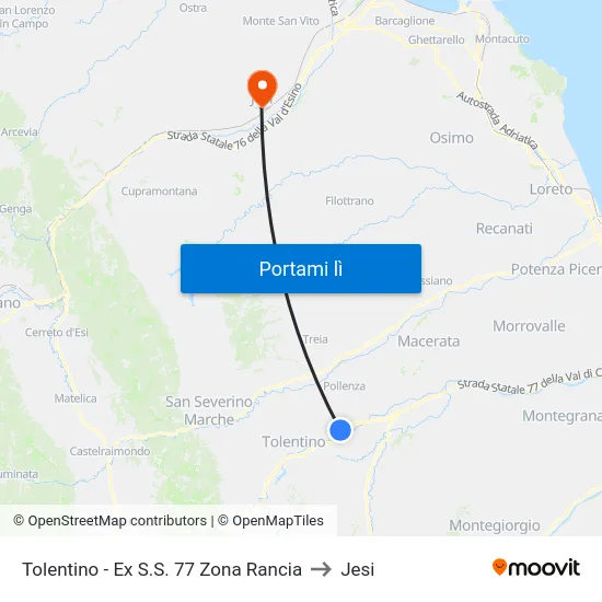 Tolentino - Ex S.S. 77 Zona Rancia to Jesi map