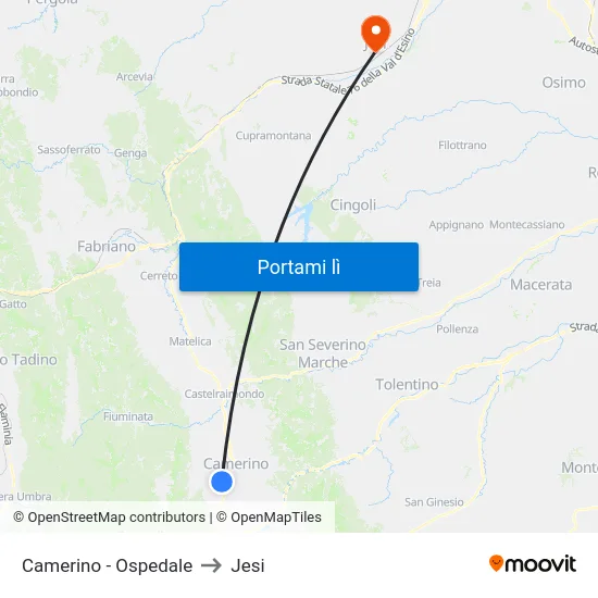 Camerino - Ospedale to Jesi map