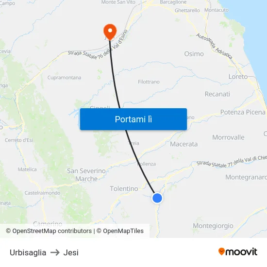 Urbisaglia to Jesi map