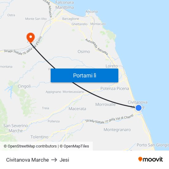 Civitanova  Marche to Jesi map