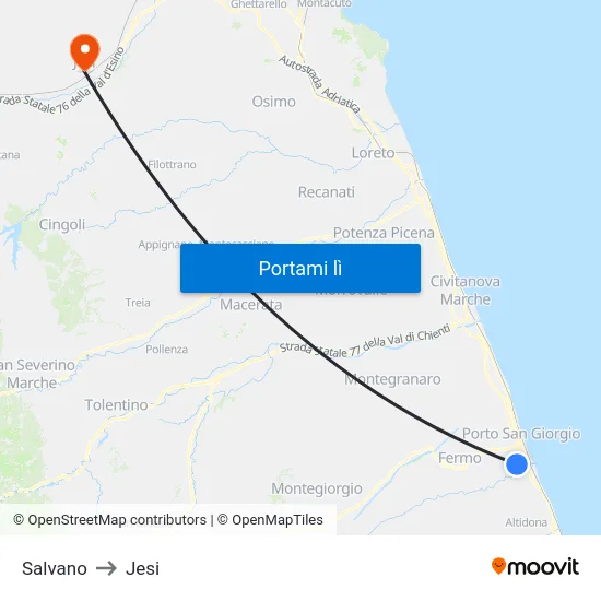 Salvano to Jesi map