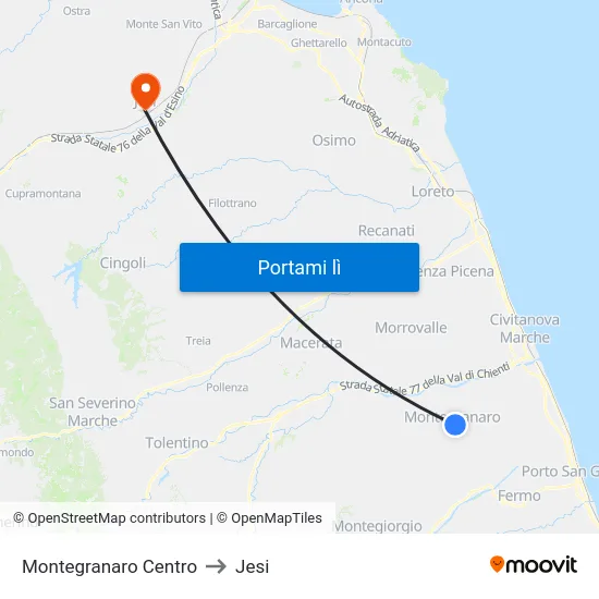 Montegranaro Centro to Jesi map