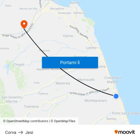 Corva to Jesi map