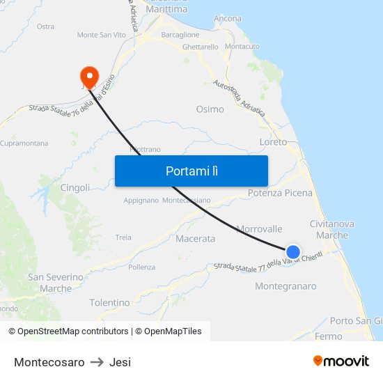 Montecosaro to Jesi map