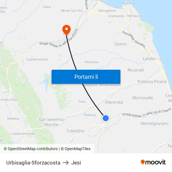 Urbisaglia-Sforzacosta to Jesi map