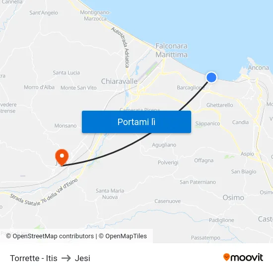 Torrette - Itis to Jesi map