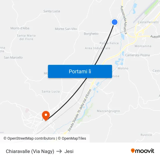 Chiaravalle (Via Nagy) to Jesi map