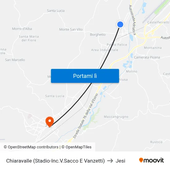 Chiaravalle (Stadio-Inc.V.Sacco E Vanzetti) to Jesi map