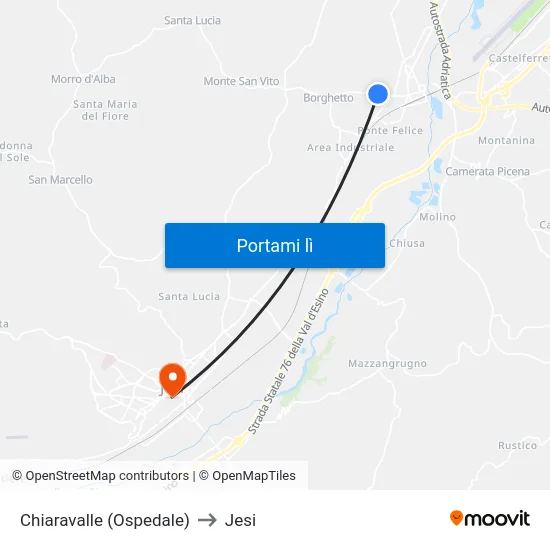 Chiaravalle (Ospedale) to Jesi map