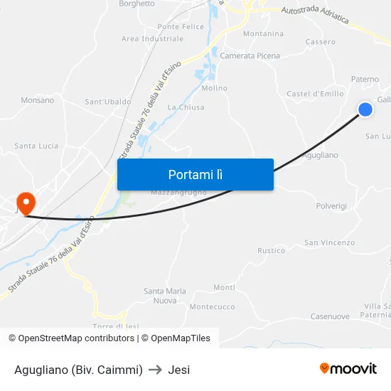 Agugliano (Biv. Caimmi) to Jesi map
