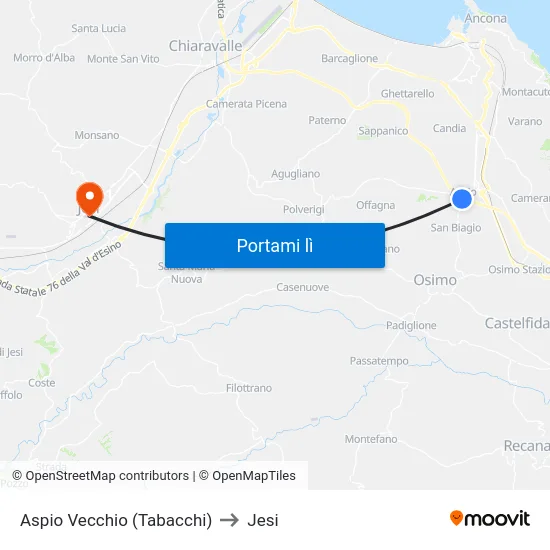 Aspio Vecchio (Tabacchi) to Jesi map