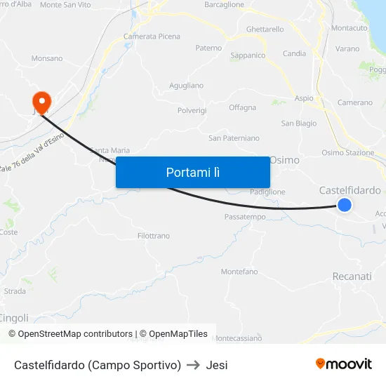 Castelfidardo (Campo Sportivo) to Jesi map