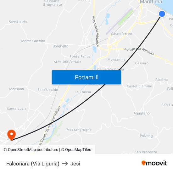 Falconara (Via Liguria) to Jesi map