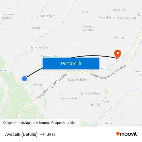 Avacelli (Betulle) to Jesi map