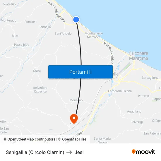 Senigallia (Circolo Ciarnin) to Jesi map