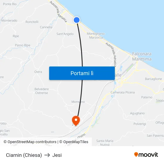 Ciarnin (Chiesa) to Jesi map