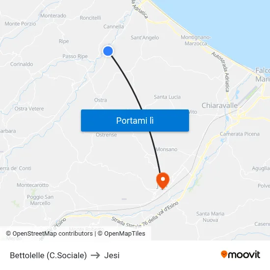 Bettolelle (C.Sociale) to Jesi map