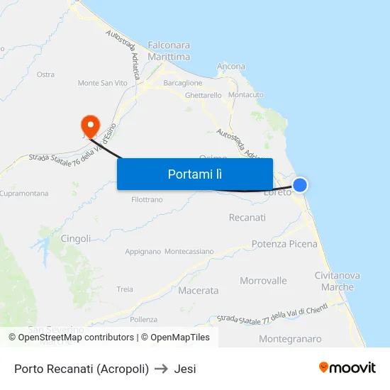 Porto Recanati (Acropoli) to Jesi map