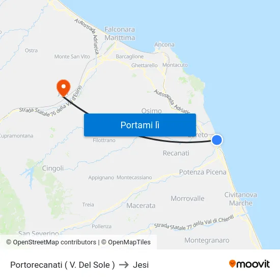 Portorecanati ( V. Del Sole ) to Jesi map