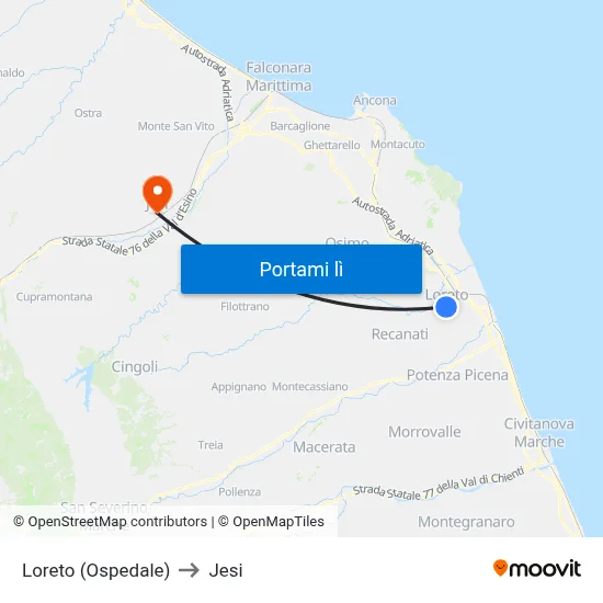 Loreto (Ospedale) to Jesi map