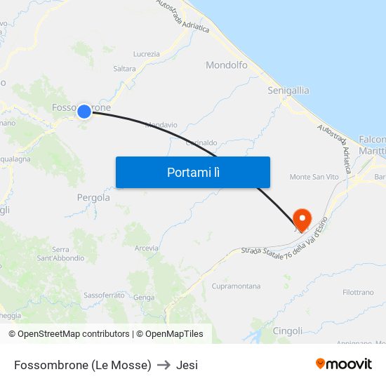 Fossombrone (Le Mosse) to Jesi map