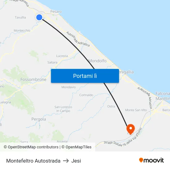 Montefeltro Autostrada to Jesi map