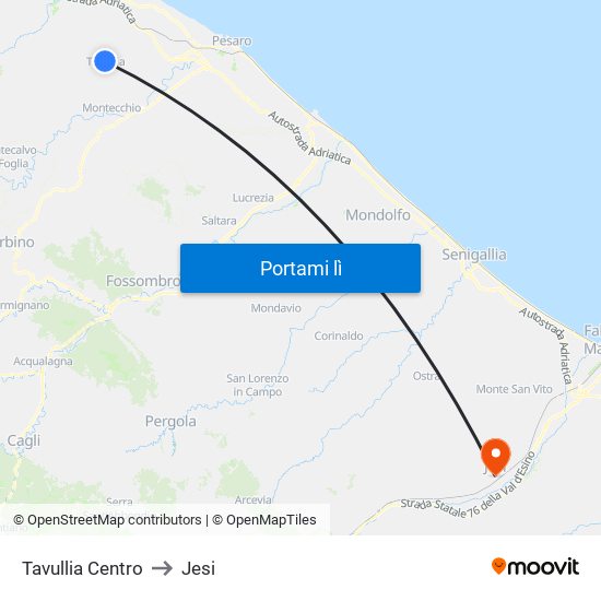 Tavullia Centro to Jesi map