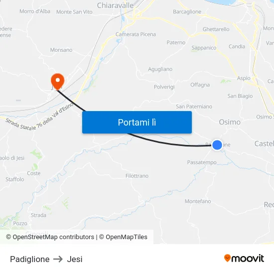 Padiglione to Jesi map