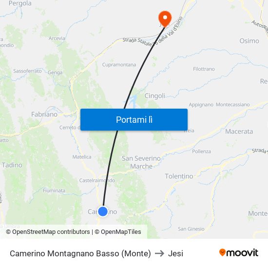 Camerino Montagnano Basso (Monte) to Jesi map