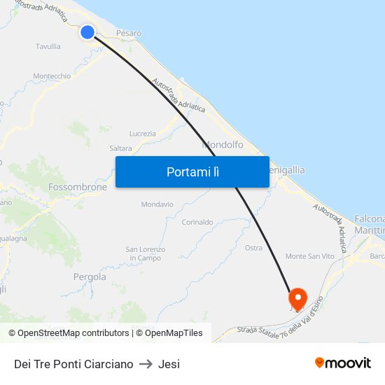 Dei Tre Ponti Ciarciano to Jesi map
