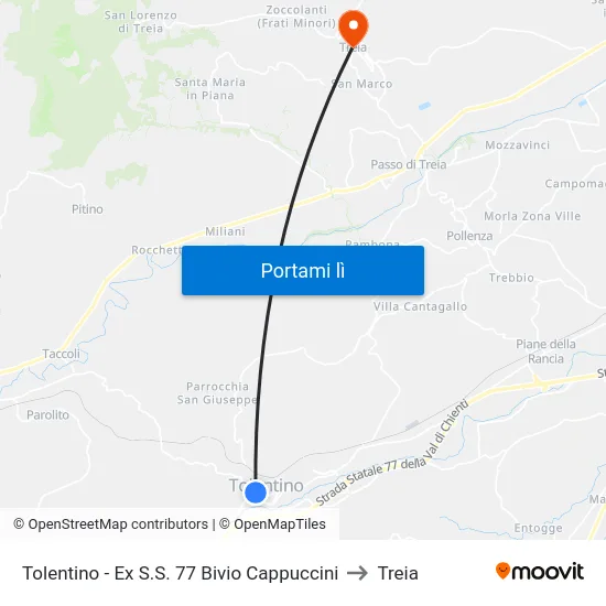 Tolentino - Ex S.S. 77 Bivio Cappuccini to Treia map