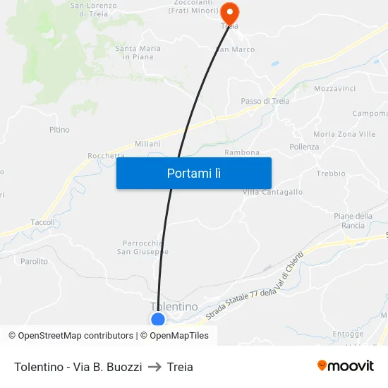 Tolentino - Via B. Buozzi to Treia map