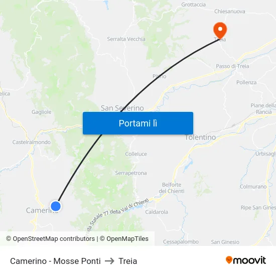 Camerino - Mosse Ponti to Treia map