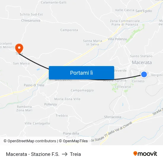 Macerata - Stazione F.S. to Treia map