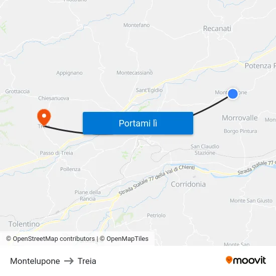 Montelupone to Treia map