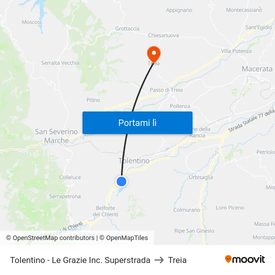 Tolentino - Le Grazie Inc. Superstrada to Treia map