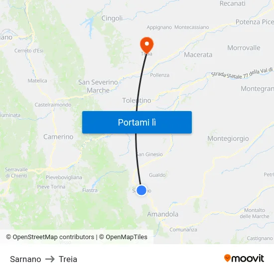 Sarnano to Treia map