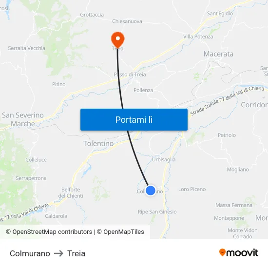 Colmurano to Treia map