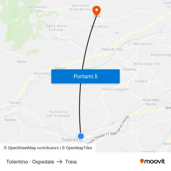 Tolentino - Ospedale to Treia map