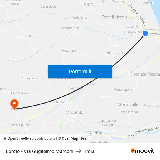 Loreto - Via Guglielmo Marconi to Treia map