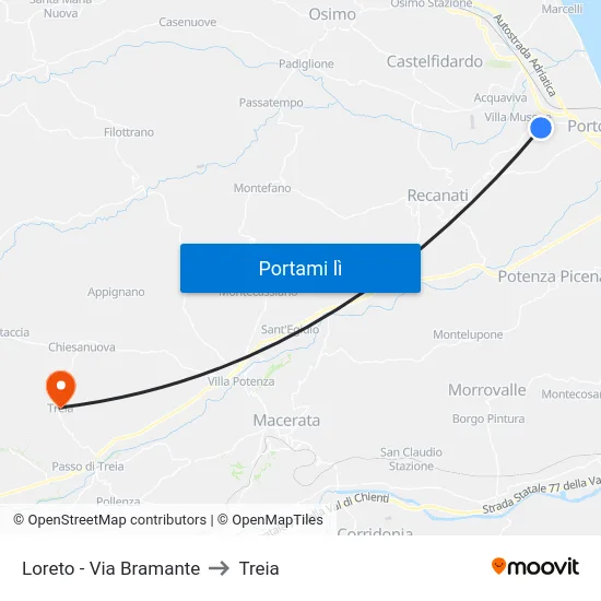 Loreto - Via Bramante to Treia map