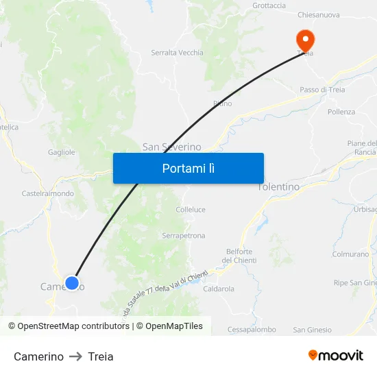 Camerino to Treia map