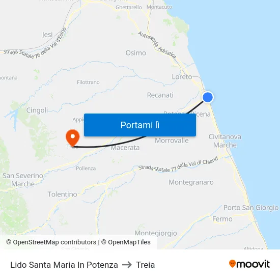Lido Santa Maria In Potenza to Treia map