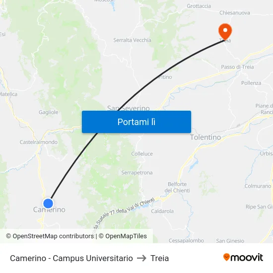 Camerino - Campus Universitario to Treia map
