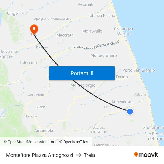 Montefiore Piazza Antognozzi to Treia map