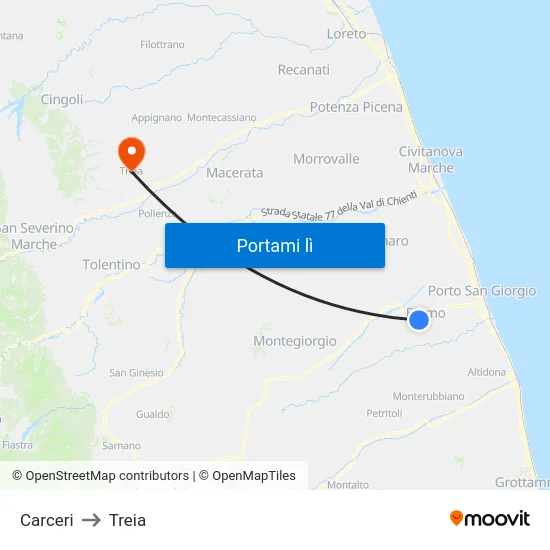 Carceri to Treia map