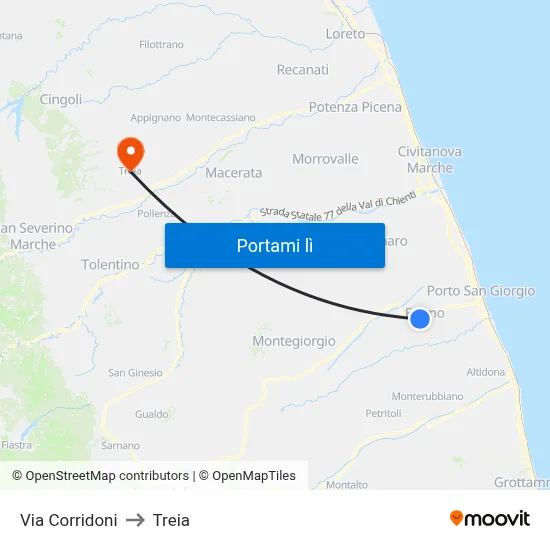 Via Corridoni to Treia map