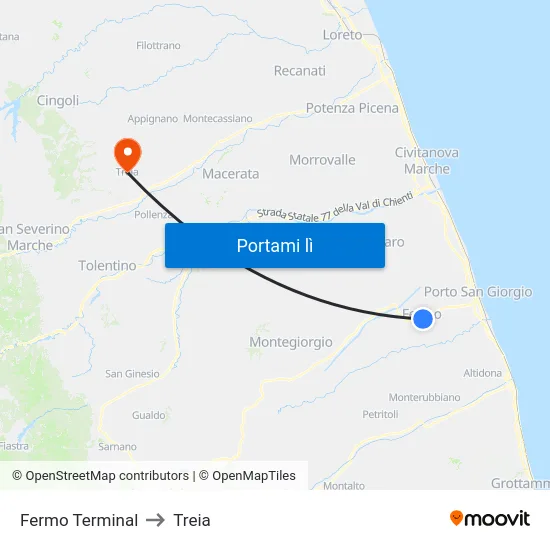 Fermo Terminal to Treia map