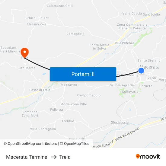 Macerata Terminal to Treia map